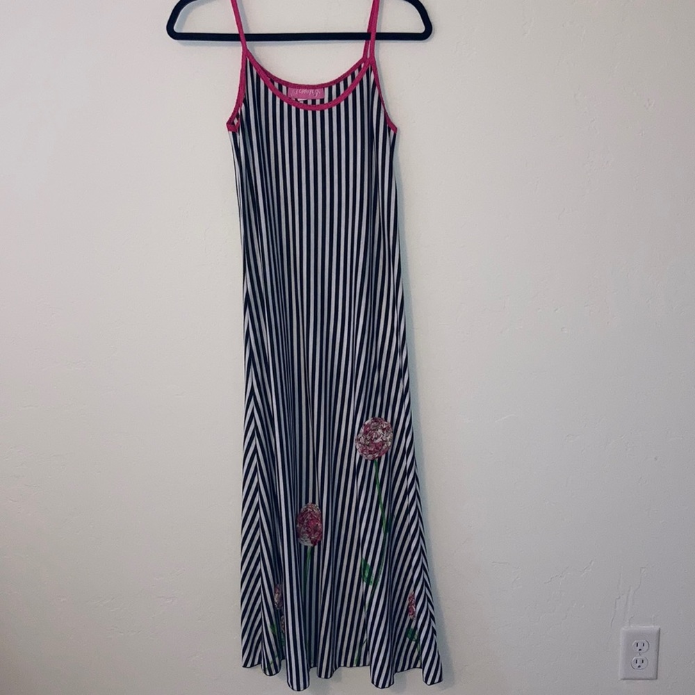 Striped Black & White Maxi Dress with Pink Trim and Floral Appliqué